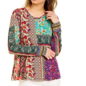 New Johnny Was Favorite GOGO Floral Print Boho Long Sleeve Swing Tee SZ XS